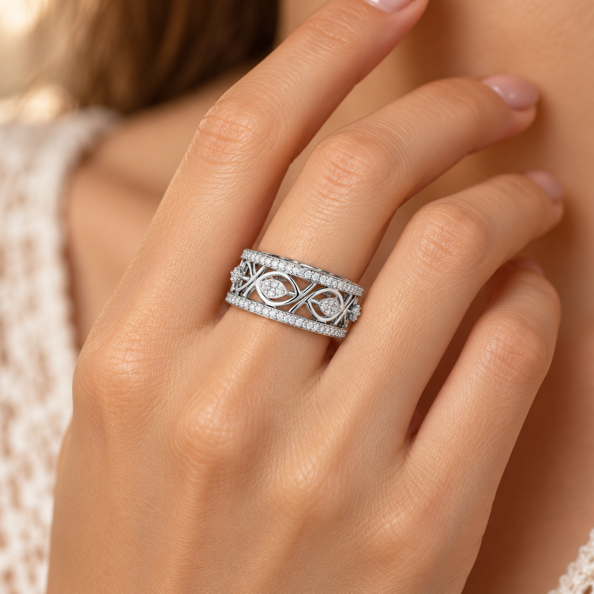 Bling Eye Silver Band Ring, square model-worn view