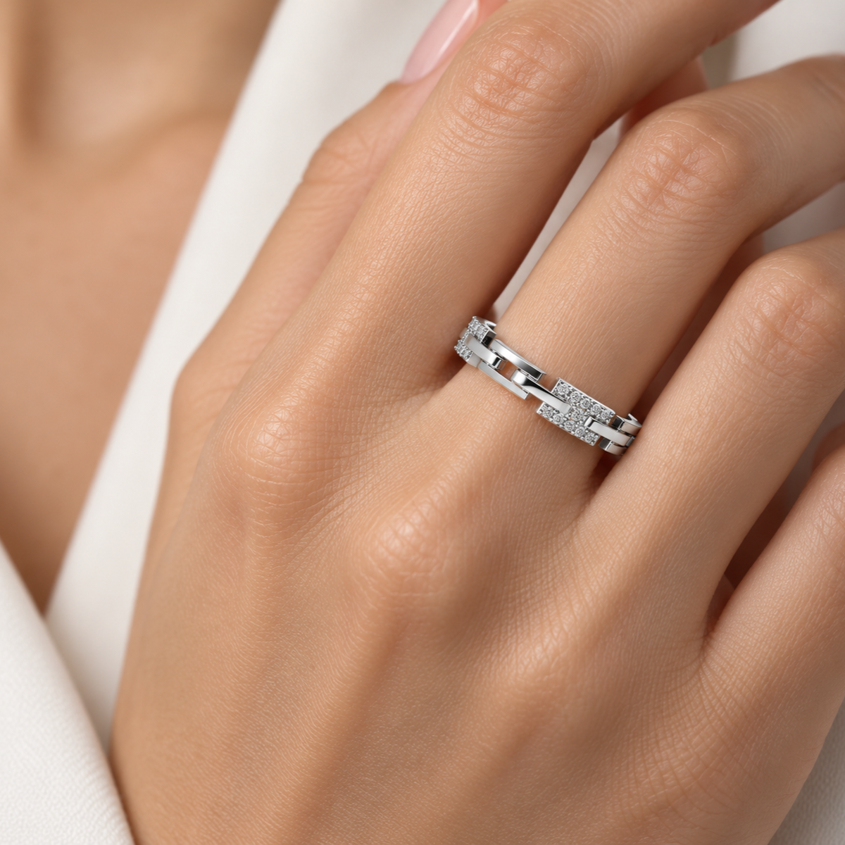 Buckle Silver Ring, square model-worn view