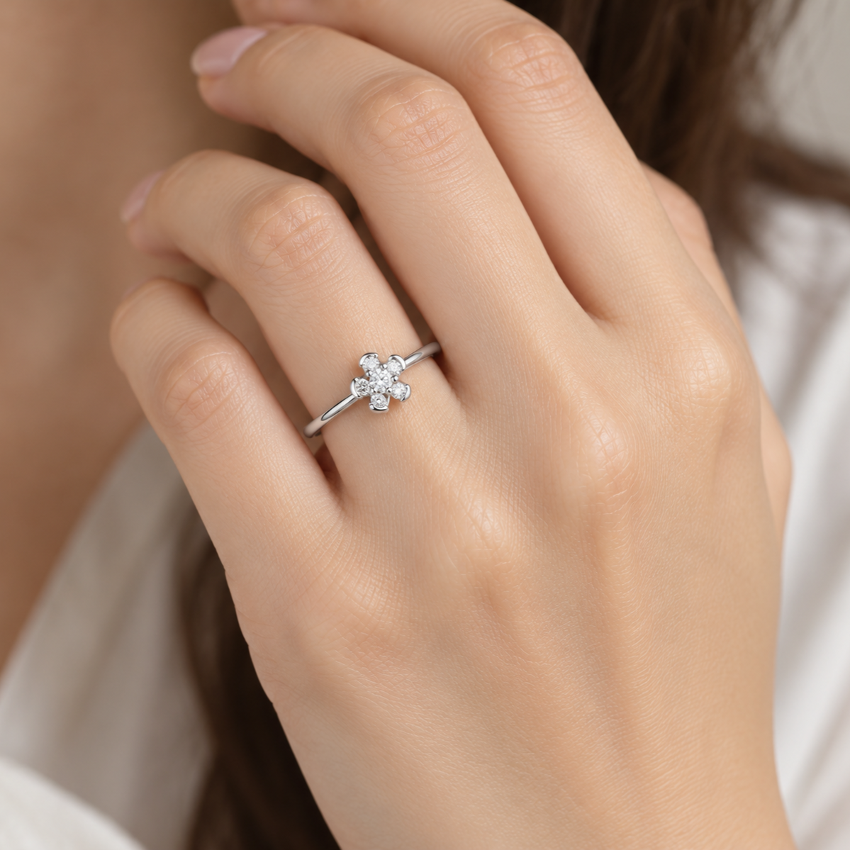 Captivating Cosmos Silver Ring, square model-worn view