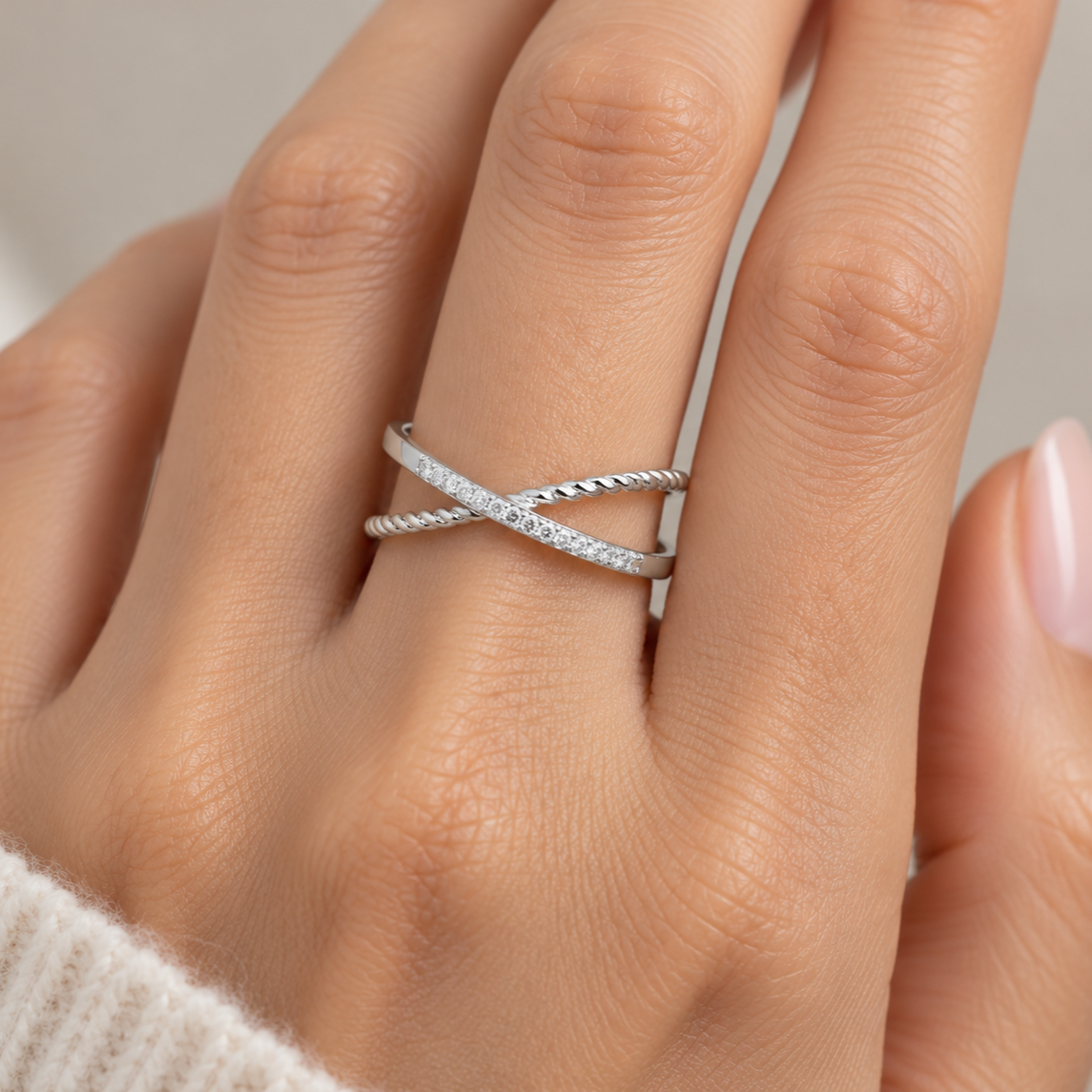 Cross Connection Silver Ring, square model-worn view