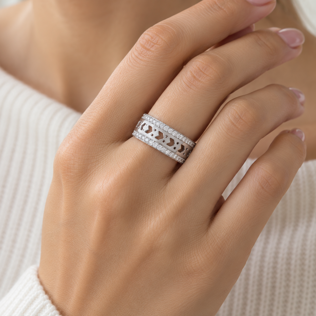 Cross Glam Silver Band Ring, square model-worn view