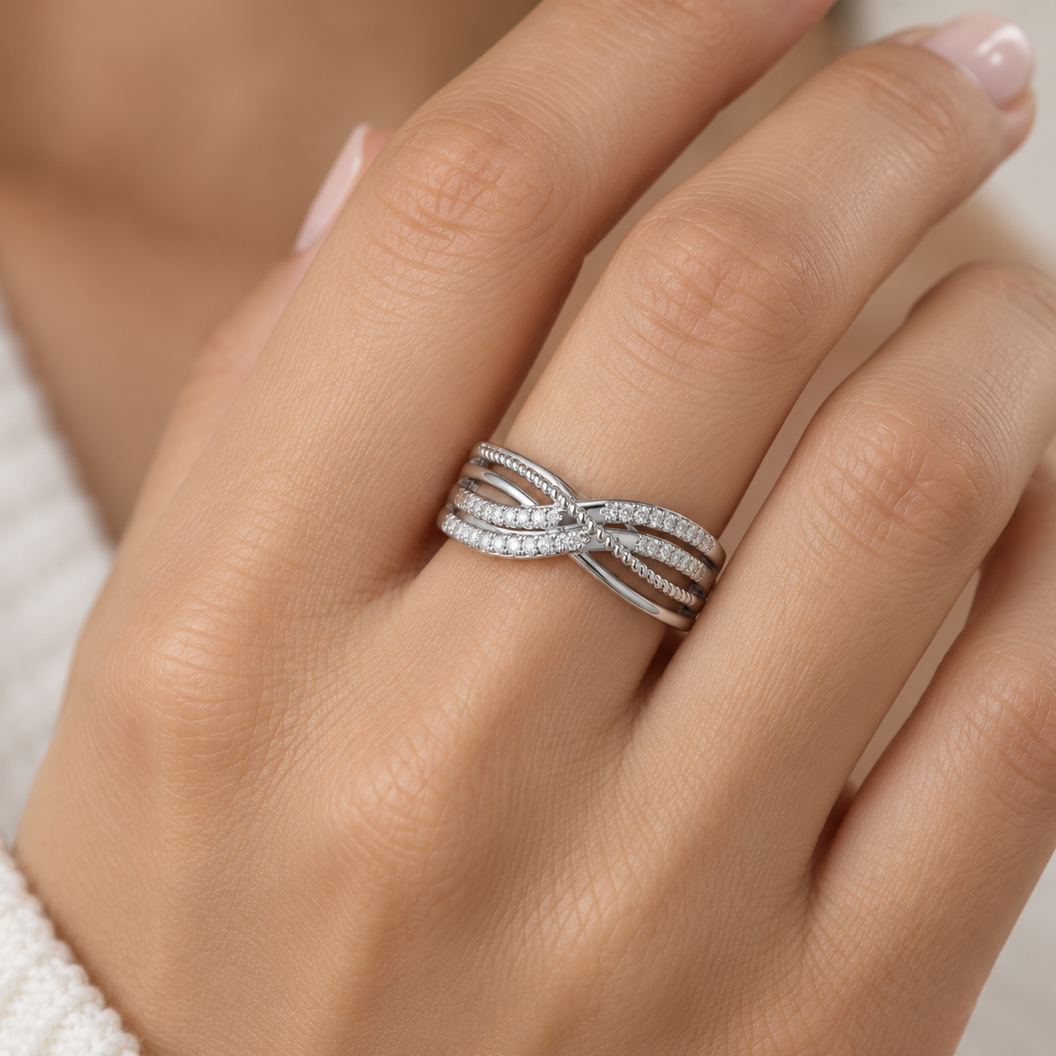 Crssing Wave Silver Ring, square model-worn view
