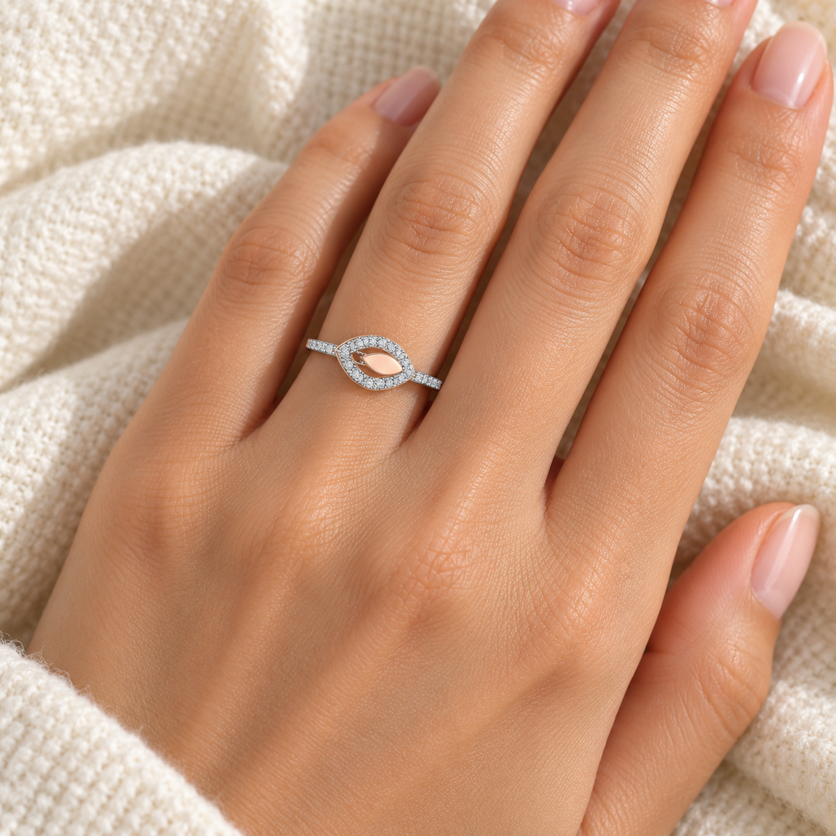 Dainty Leaf Silver Ring rose gold worn