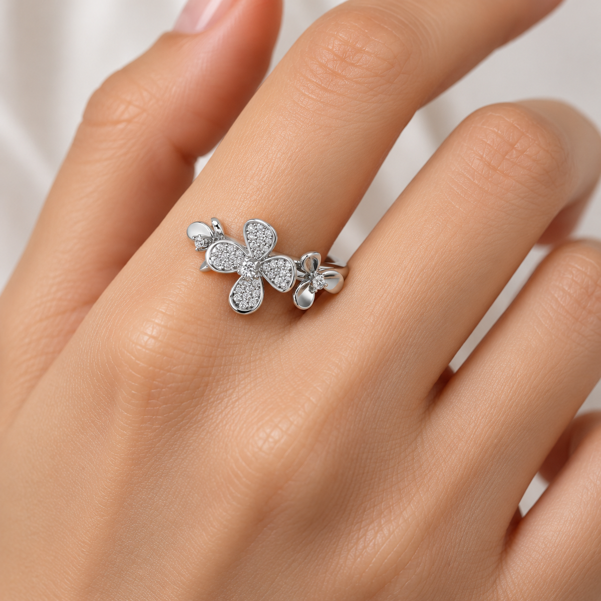 Cute Bloom Silver Ring - Model worn (square)