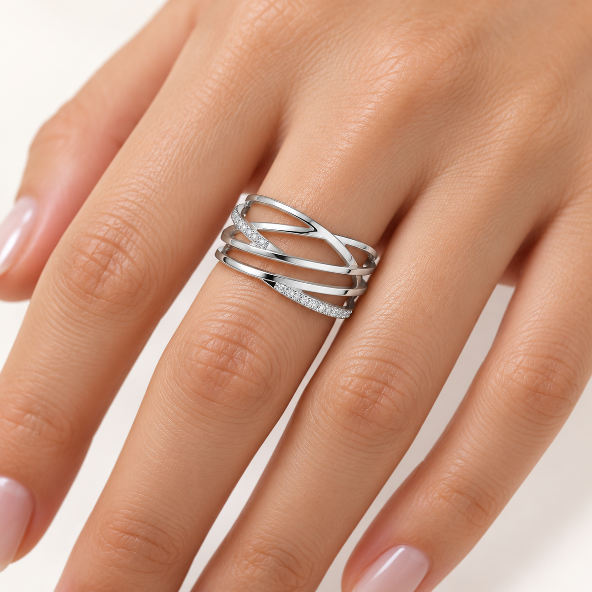 Criss-Cross Silver Ring square model-worn