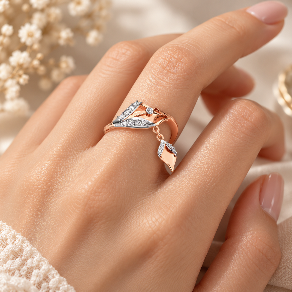 Hanging Leaf Silver Ring - Rose Gold - Model