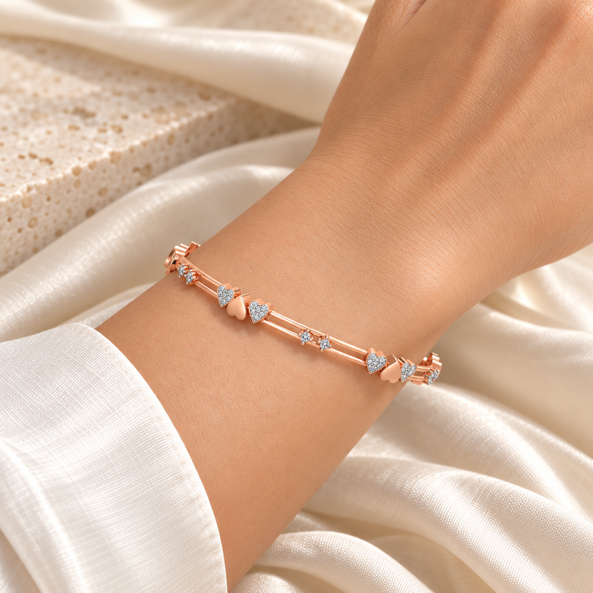 Heartly Silver Bangles - Rose Gold - Square wrist model photo