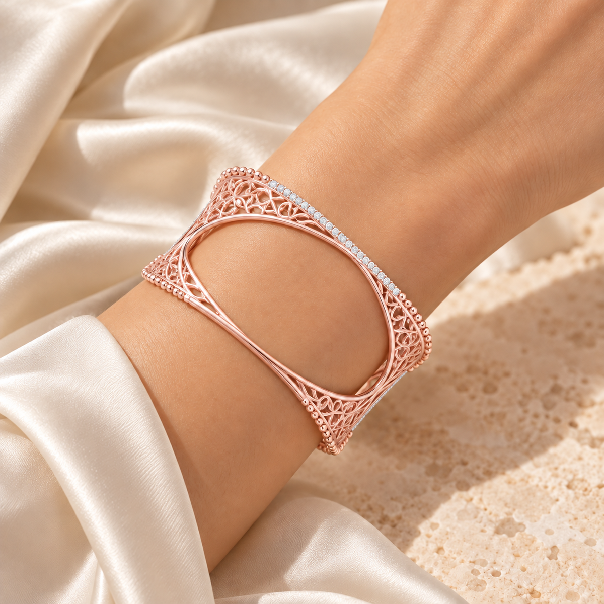 Izar Silver Bangles - Rose Gold cuff worn on wrist