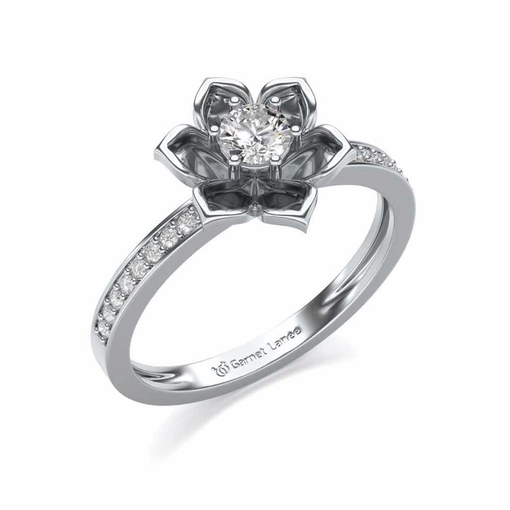 Bloomed Lotus Solitaire Silver Ring - White Gold - Image 1