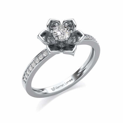 Bloomed Lotus Solitaire Silver Ring - White Gold - Image 1