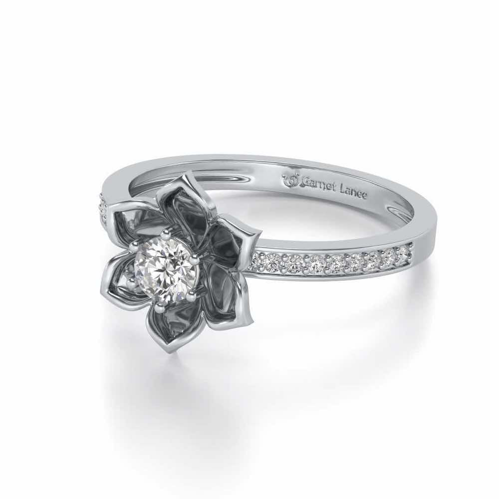 Bloomed Lotus Solitaire Silver Ring - White Gold - Image 2