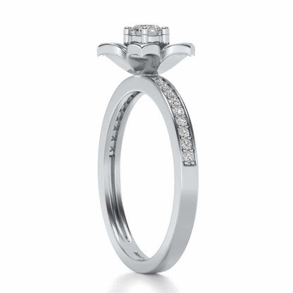 Bloomed Lotus Solitaire Silver Ring - White Gold - Image 3