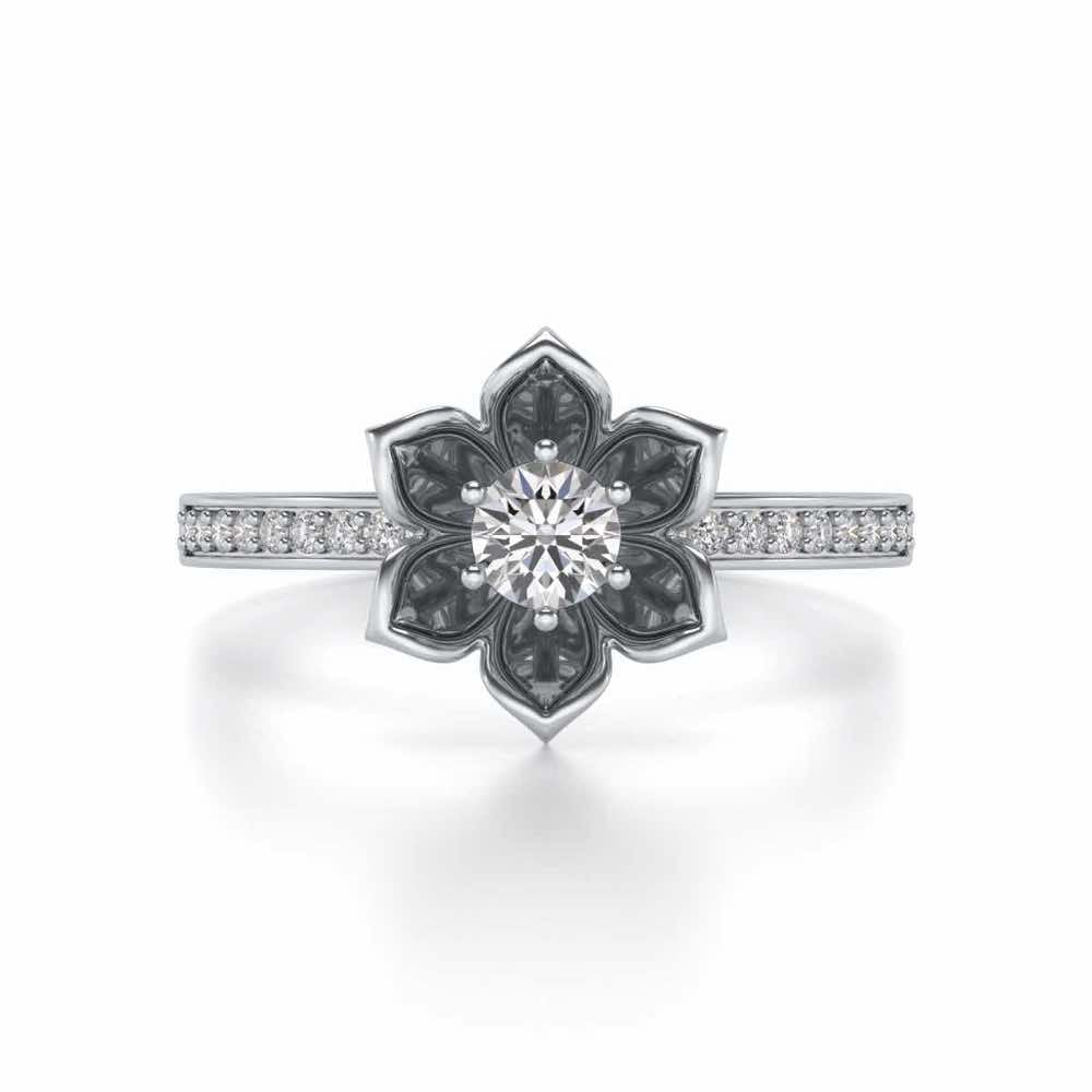 Bloomed Lotus Solitaire Silver Ring - White Gold - Image 4