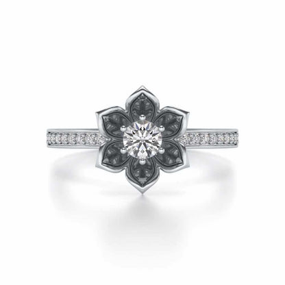 Bloomed Lotus Solitaire Silver Ring - White Gold - Image 4