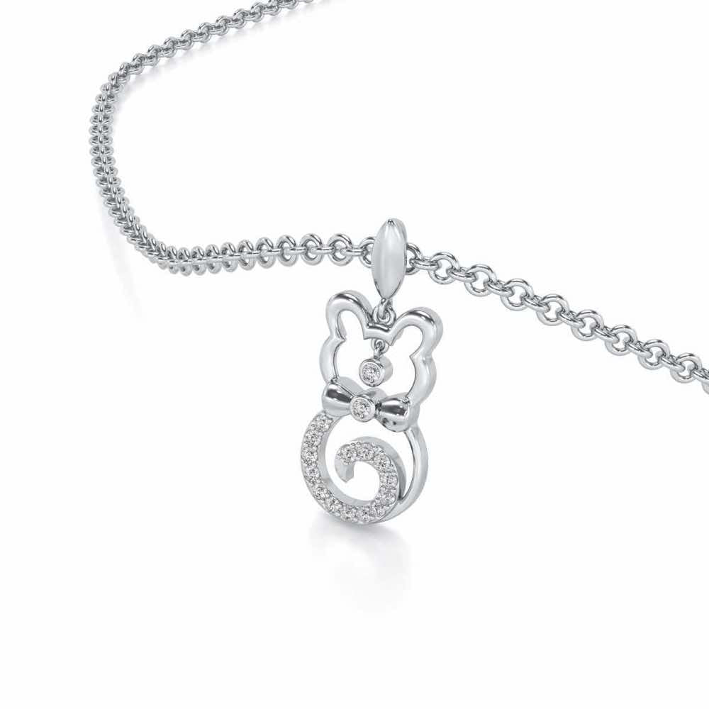 Bow Cat Silver Pendant - White Gold - Image 1