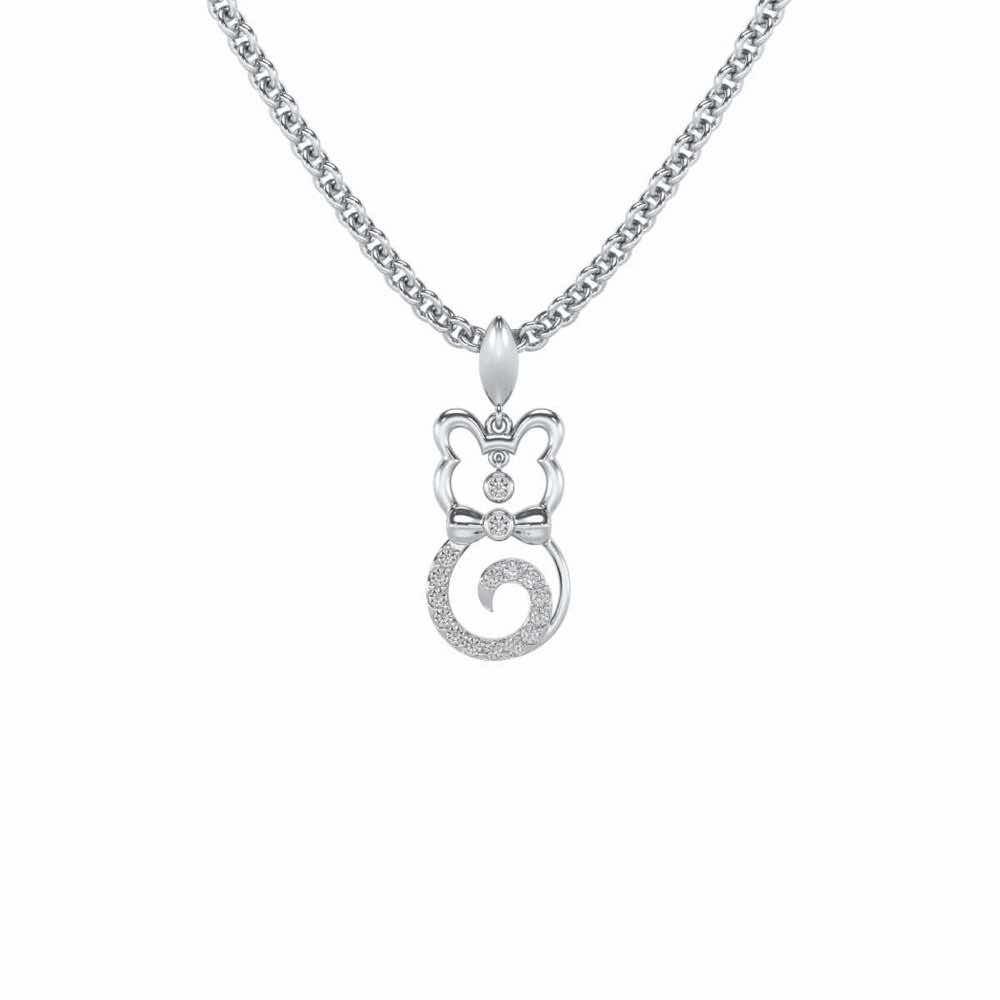 Bow Cat Silver Pendant - White Gold - Image 2