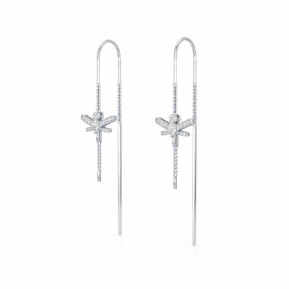 Dragonfly Silver Dangler Earrings - White Gold - Image 3