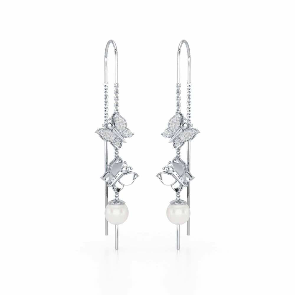 Duo-Fly Silver Dangler Earrings - White Gold - Image 2