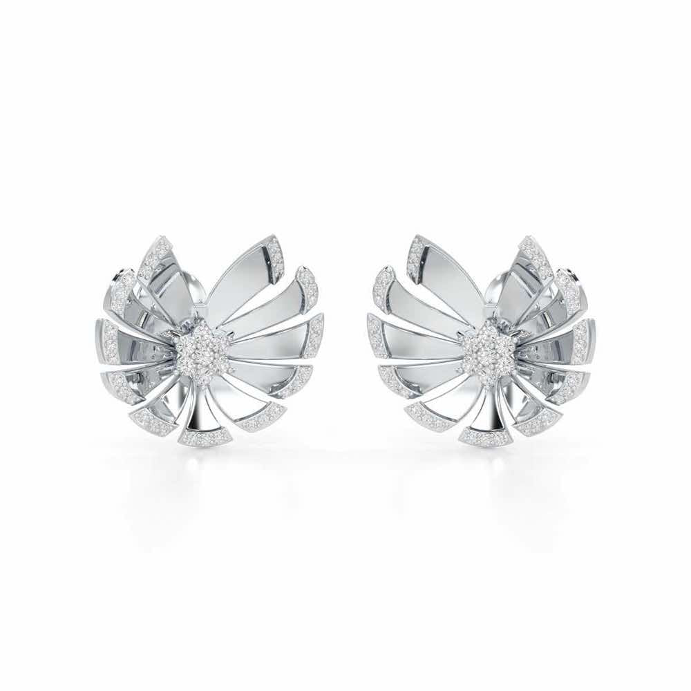 Feather Flower Silver Earrings - White Gold - Image 2