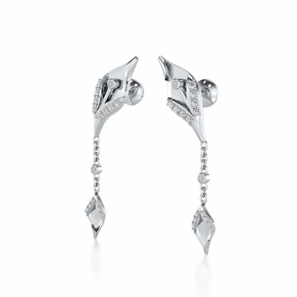 Hanging Leaf Silver Earrings - White Gold - Image 3