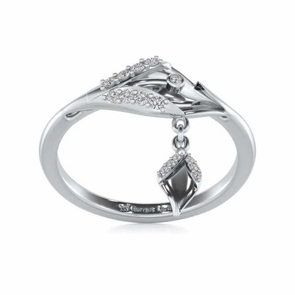 Hanging Leaf Silver Ring - White Gold - Image 2