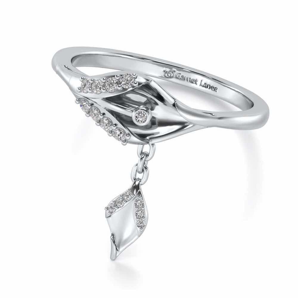 Hanging Leaf Silver Ring - White Gold - Image 3