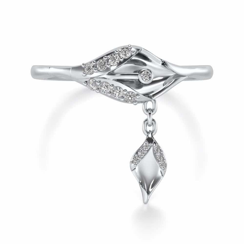 Hanging Leaf Silver Ring - White Gold - Image 5