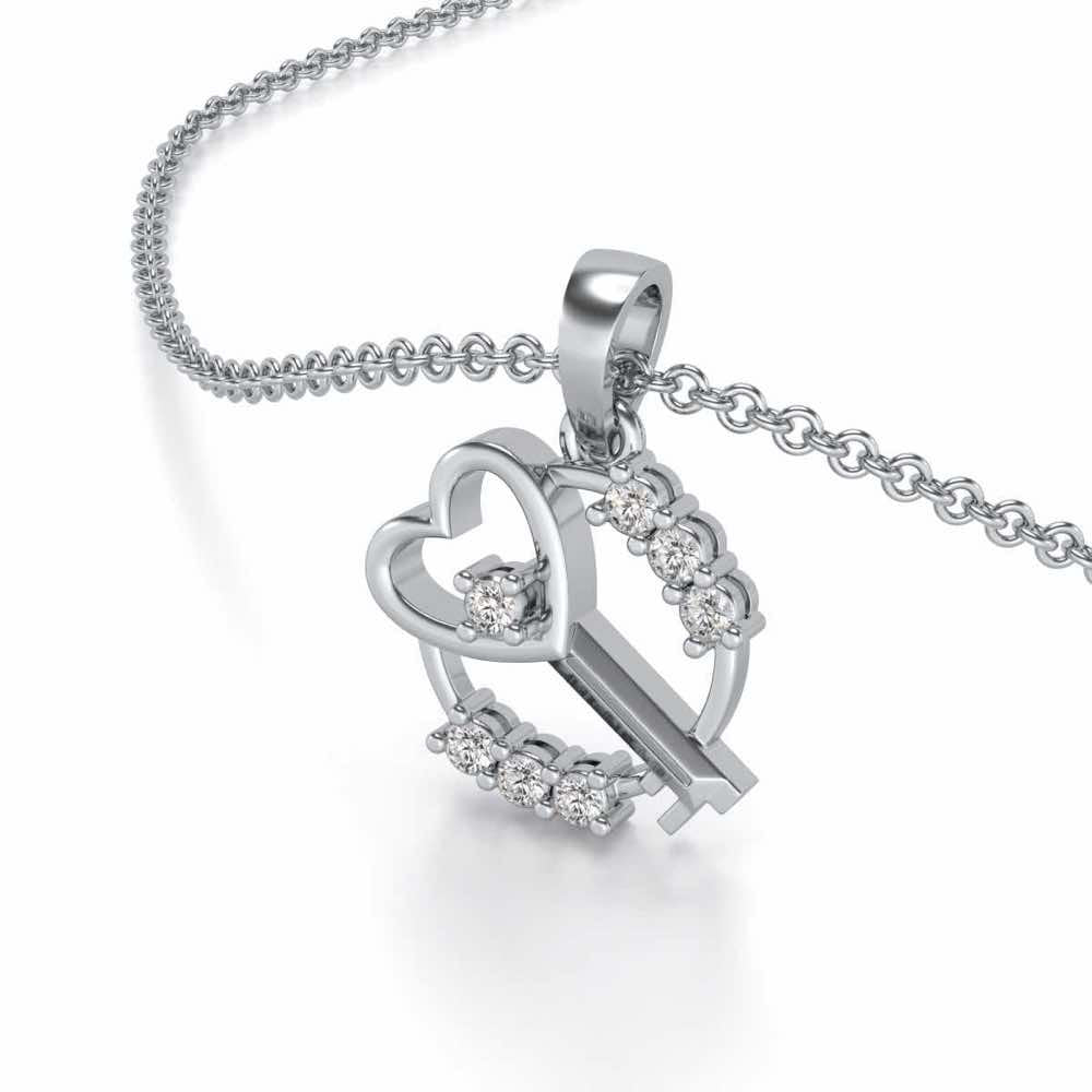 Heart Key Silver Pendant - White Gold - Image 2