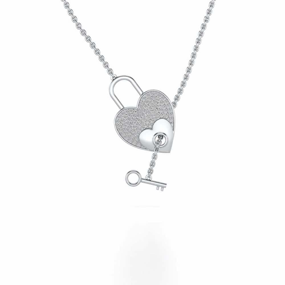 Heart n Key Silver Pendant - White Gold - Image 1