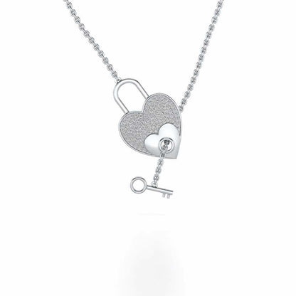 Heart n Key Silver Pendant - White Gold - Image 1