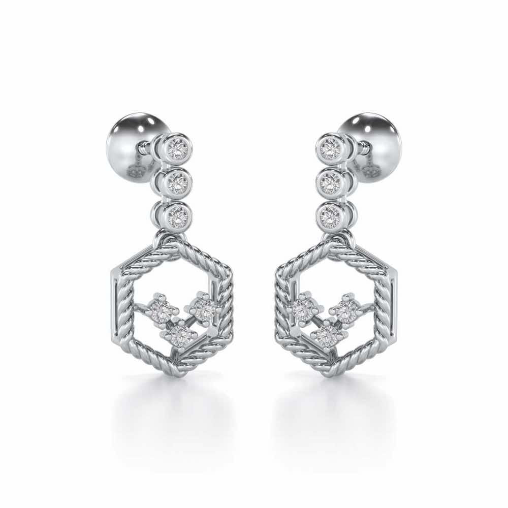 Hexagon Braided Silver Earrings - White Gold - Image 2