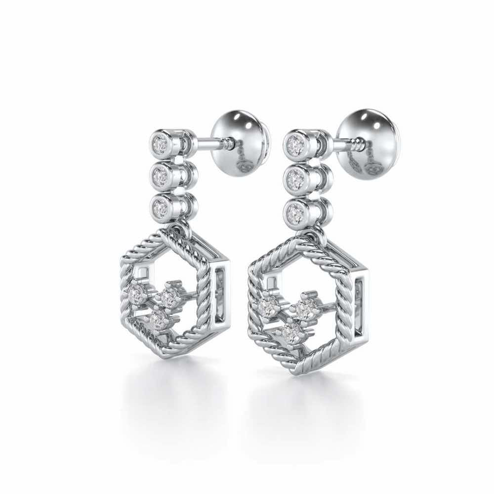 Hexagon Braided Silver Earrings - White Gold - Image 3