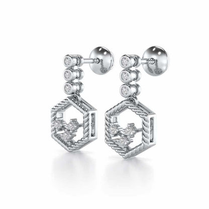 Hexagon Braided Silver Earrings - White Gold - Image 3