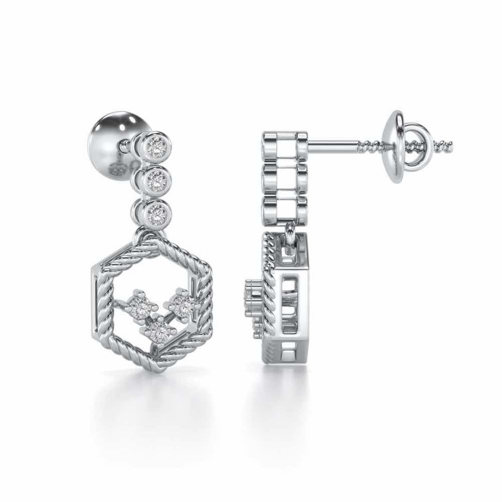 Hexagon Braided Silver Earrings - White Gold - Image 4