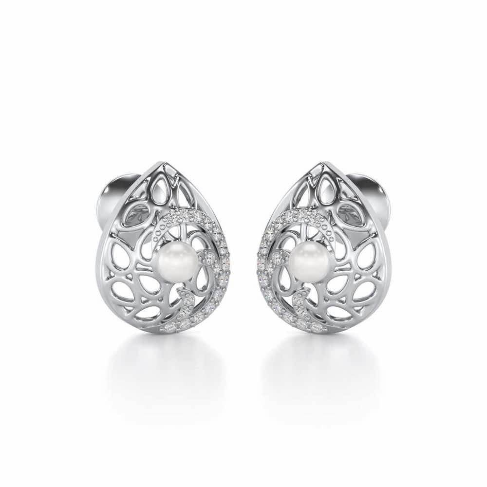Intricate Silver Pearl Earrings - White Gold - Image 1