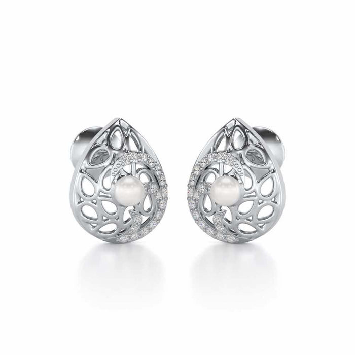 Intricate Silver Pearl Earrings - White Gold - Image 1