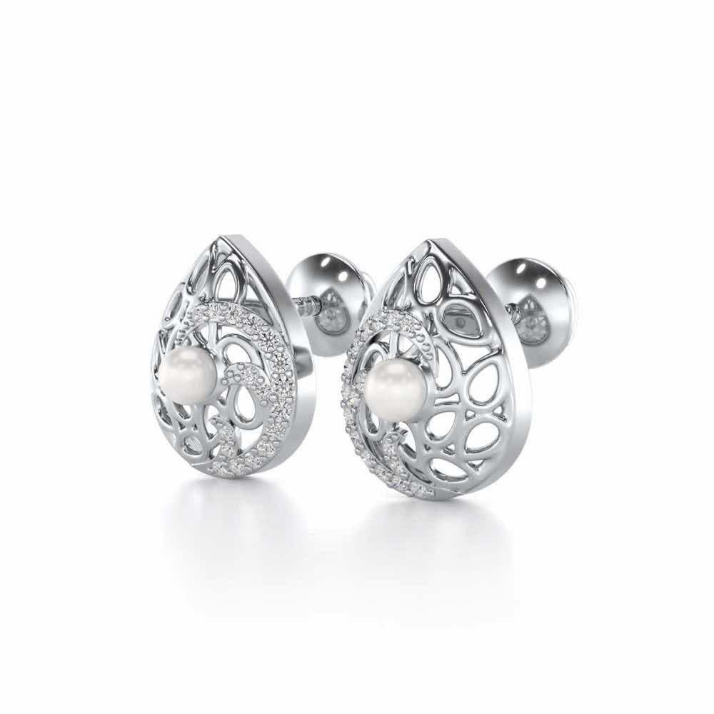 Intricate Silver Pearl Earrings - White Gold - Image 3