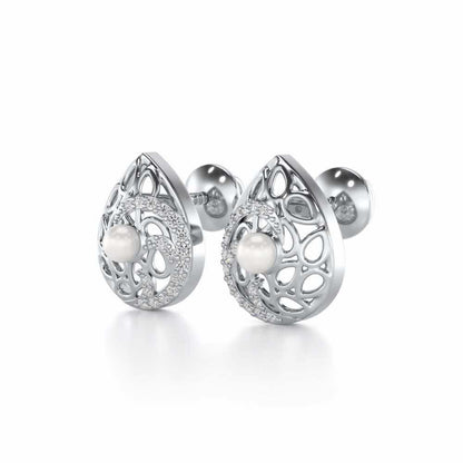 Intricate Silver Pearl Earrings - White Gold - Image 3