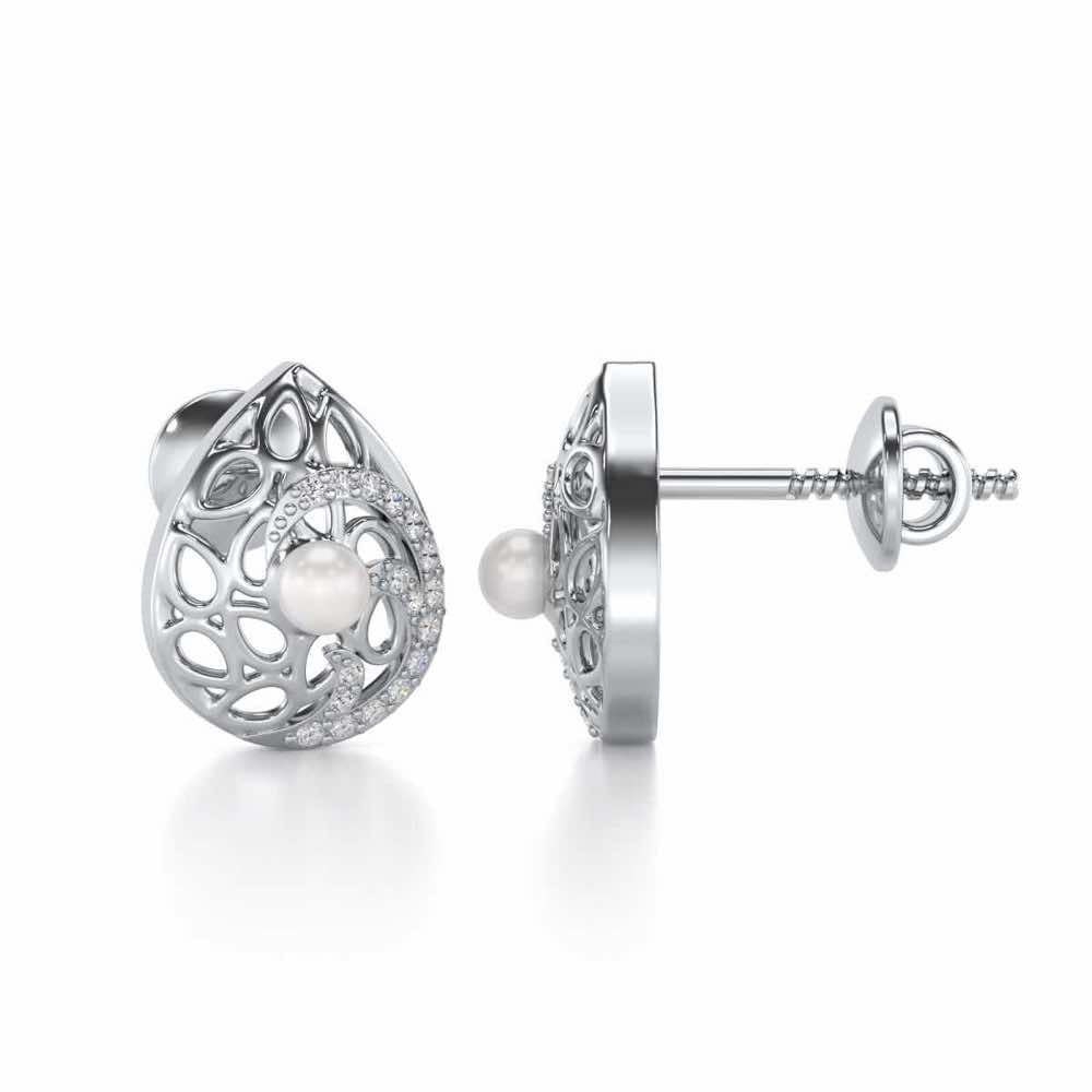 Intricate Silver Pearl Earrings - White Gold - Image 4