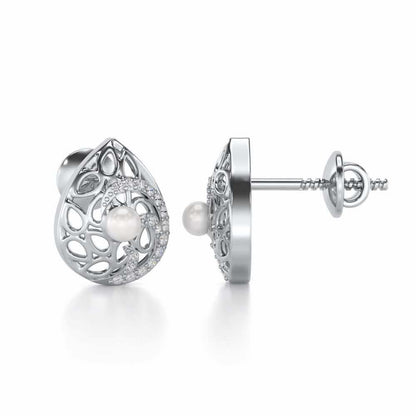 Intricate Silver Pearl Earrings - White Gold - Image 4