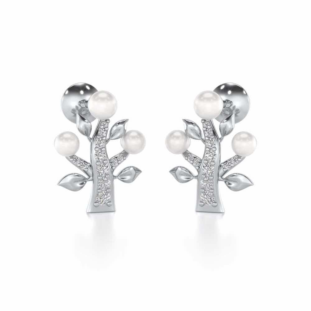 Life Tree Silver Pearl Earrings - White Gold - Image 1