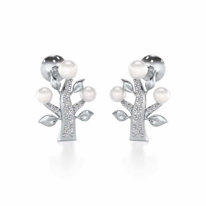 Life Tree Silver Pearl Earrings - White Gold - Image 1