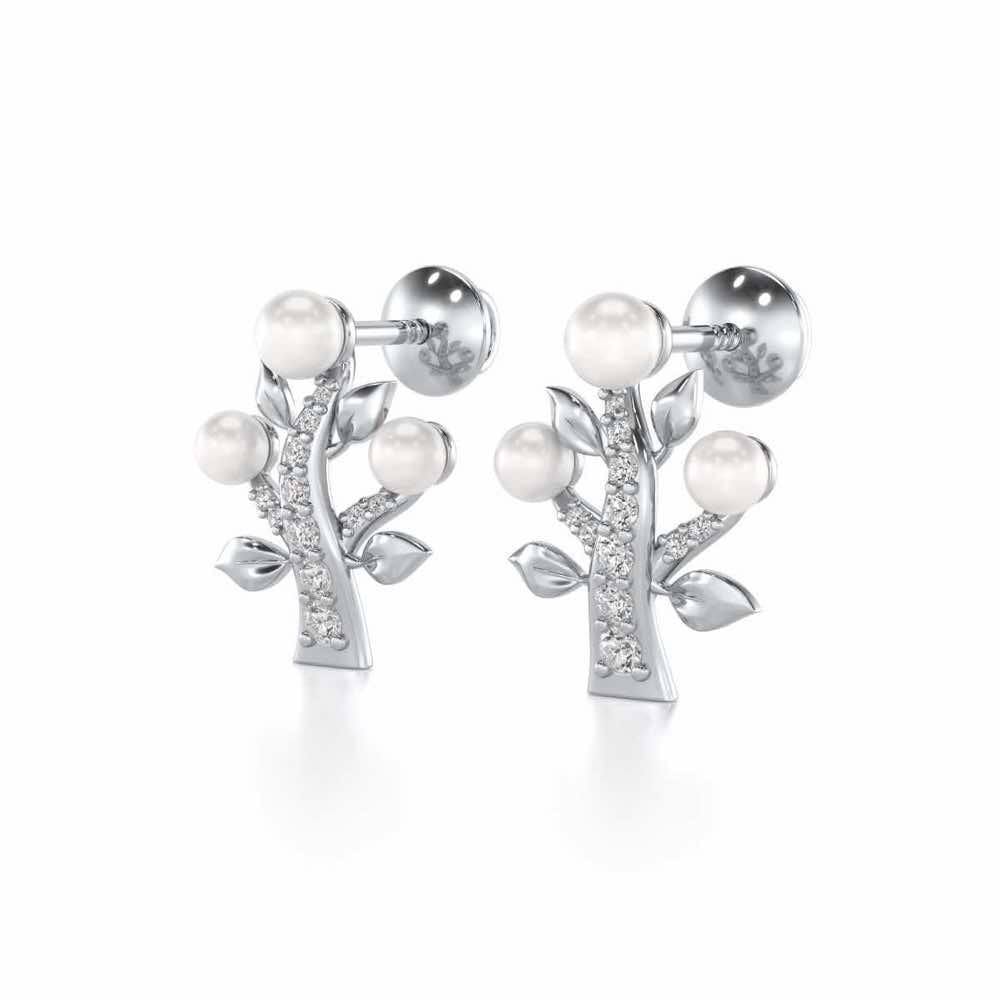 Life Tree Silver Pearl Earrings - White Gold - Image 3