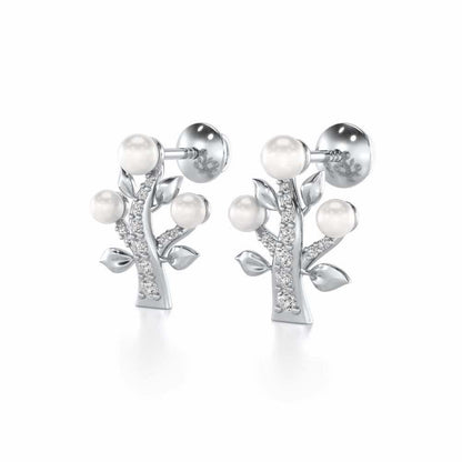Life Tree Silver Pearl Earrings - White Gold - Image 3