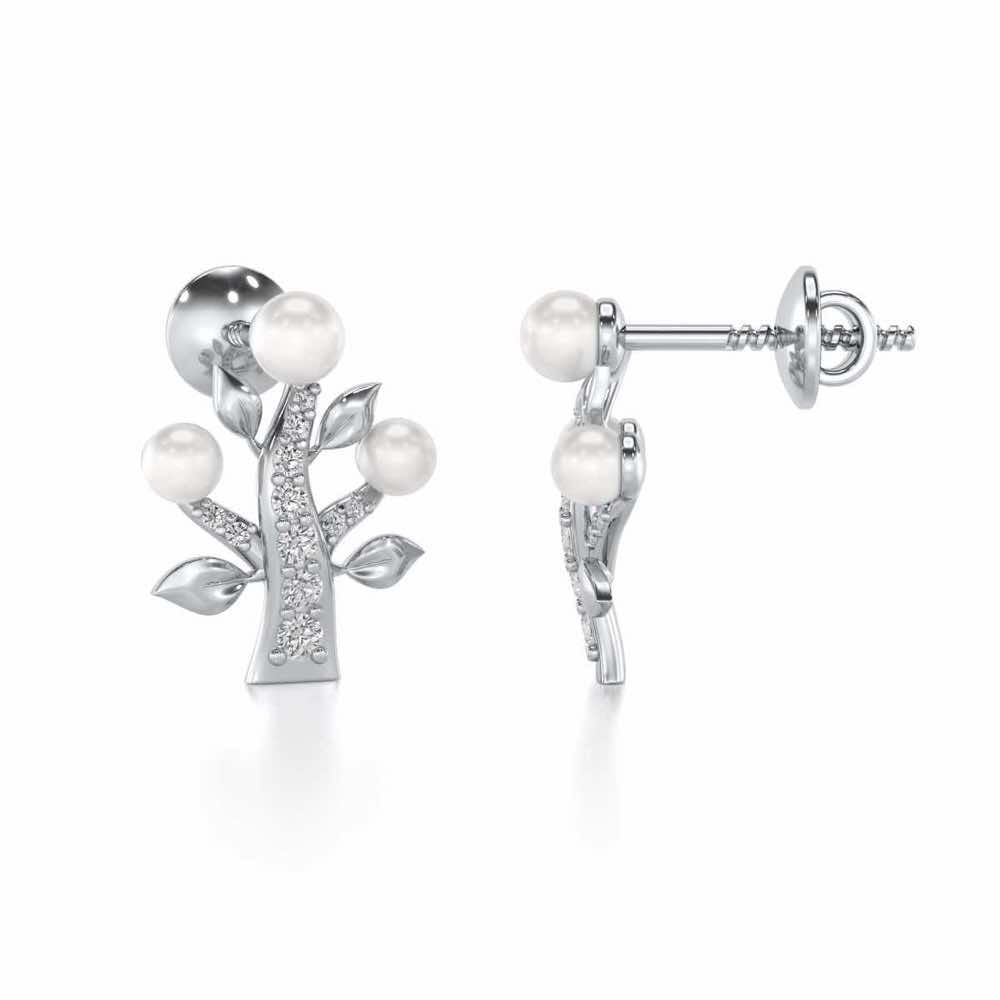 Life Tree Silver Pearl Earrings - White Gold - Image 4