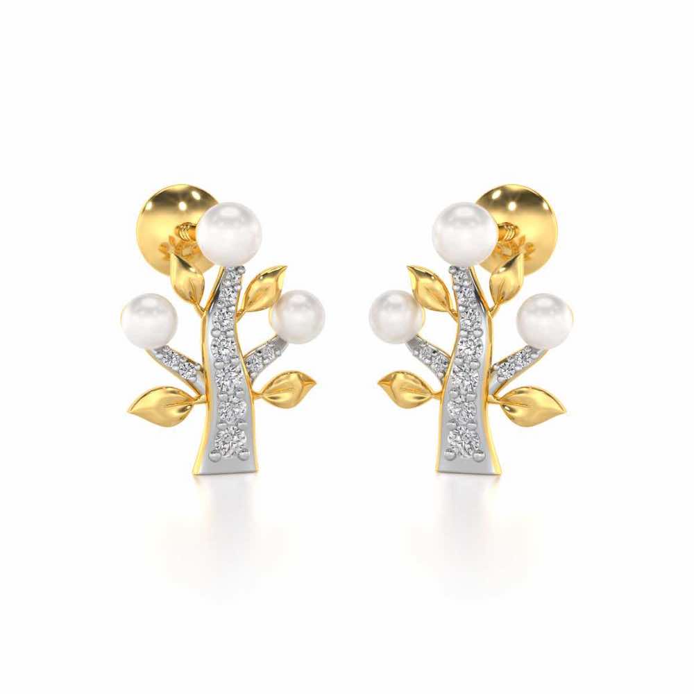 Life Tree Silver Pearl Earrings - Yellow Gold - Image 1
