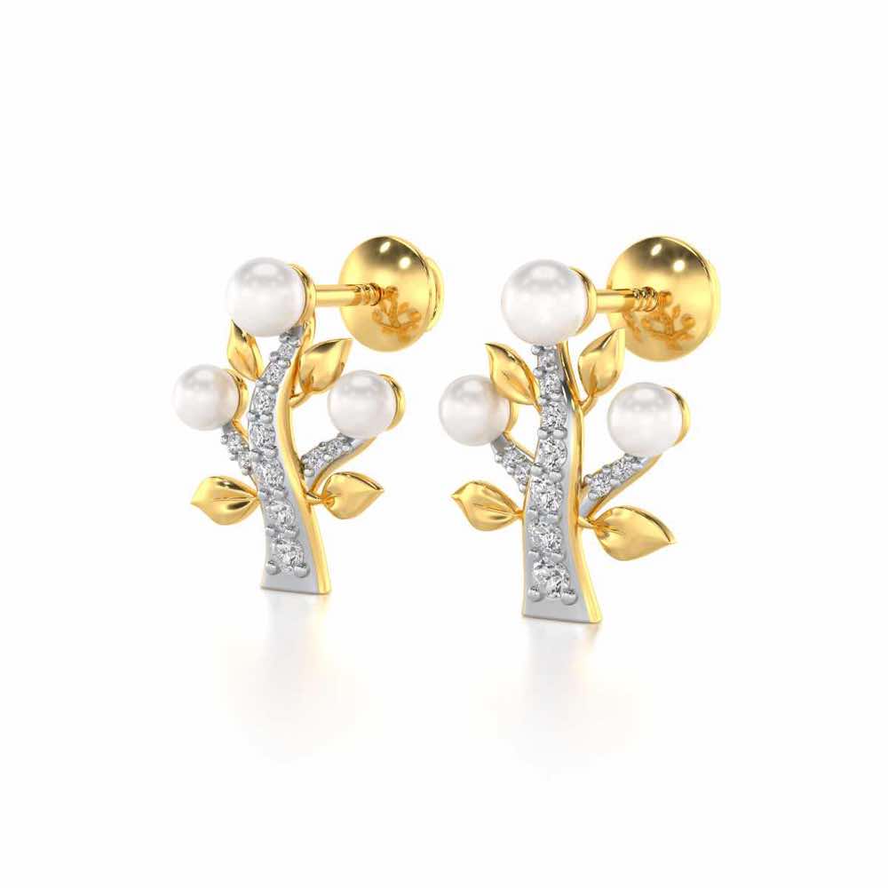 Life Tree Silver Pearl Earrings - Yellow Gold - Image 3