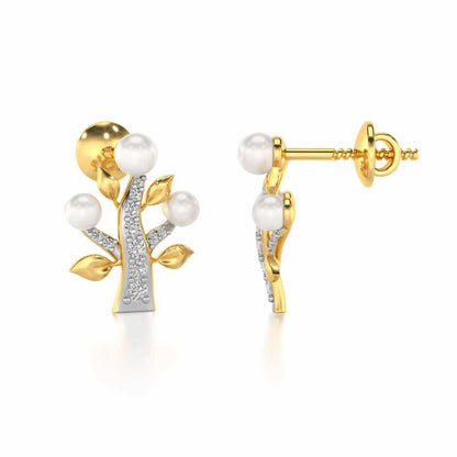 Life Tree Silver Pearl Earrings - Yellow Gold - Image 4