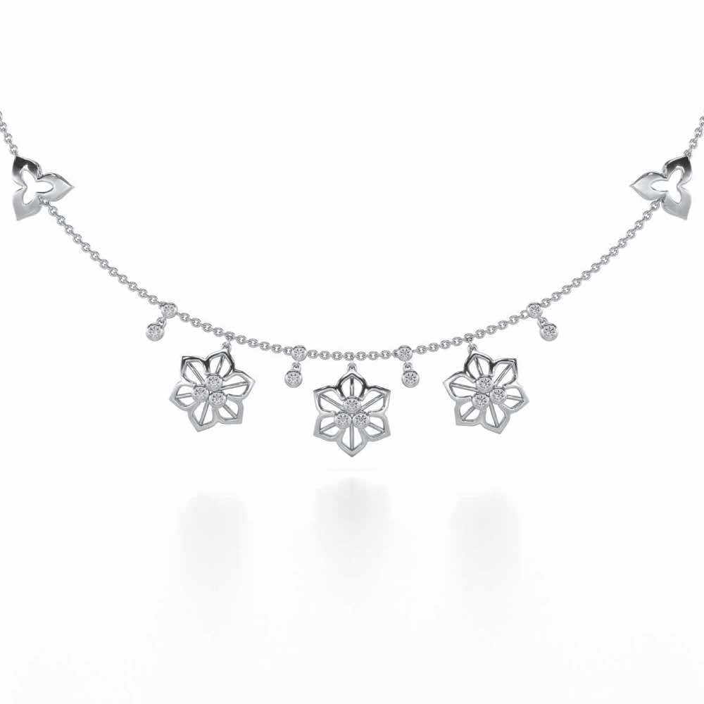Mesh Flower Silver Necklace - White Gold - Image 2