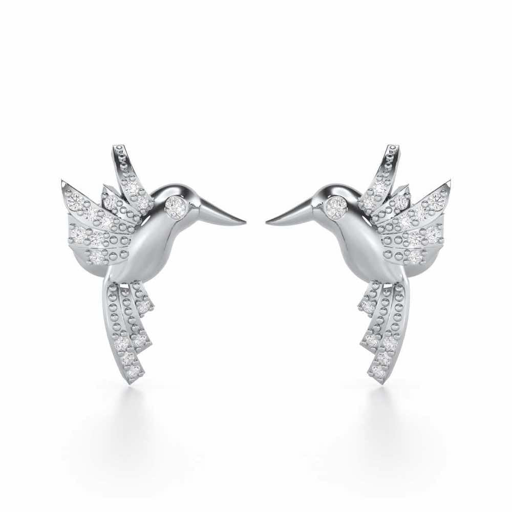 Opulent Bird Silver Stud Earrings - White Gold - Image 1